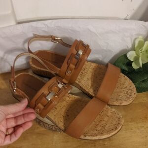 Isaac Mizrahi Live! Tatum Brown Leather Sandals with Gold Accents Size 9.5